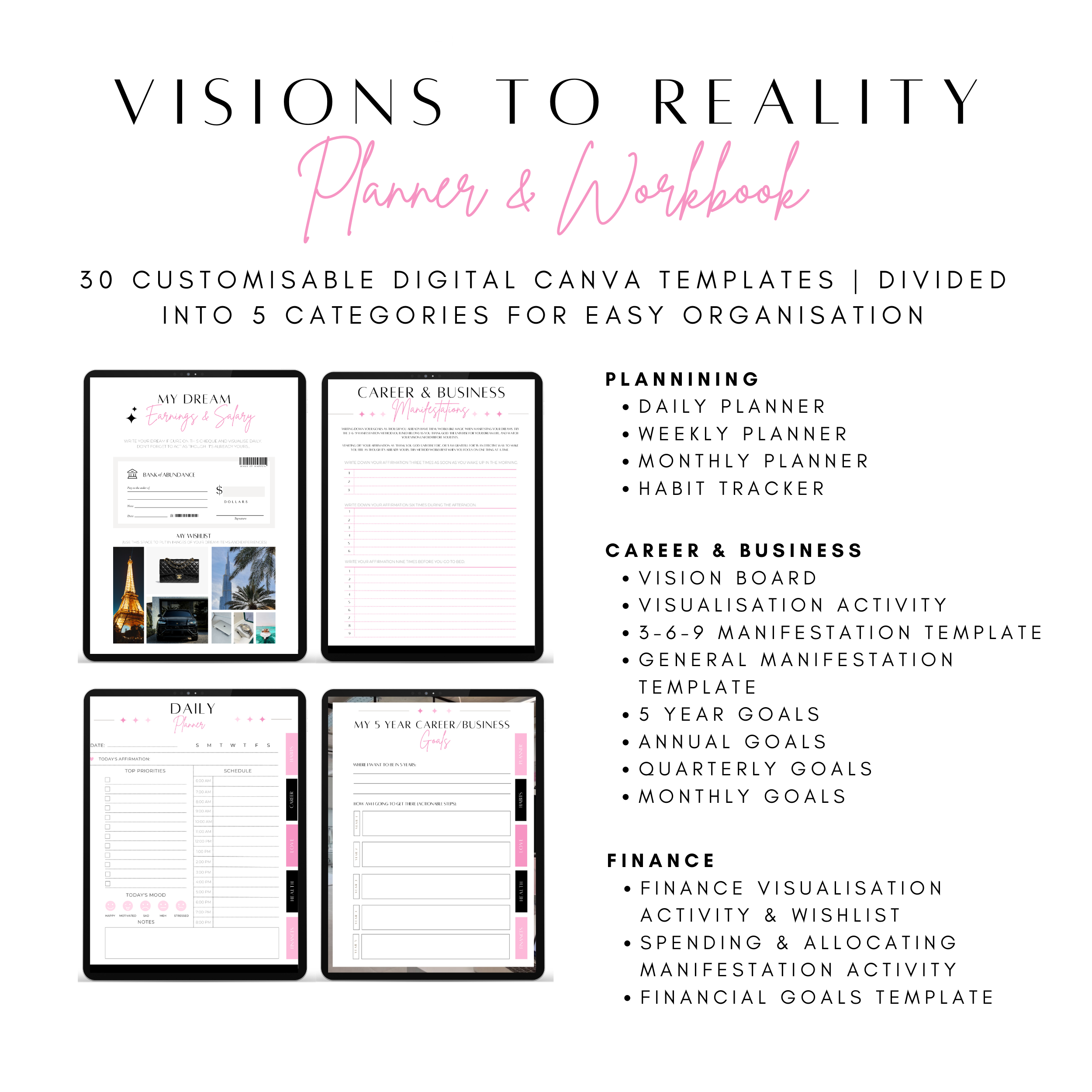 Planner: Visions to Reality - Pink & Black Theme